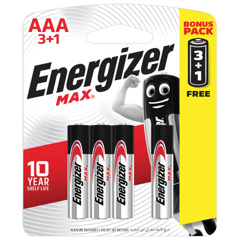 Батарейки КОМПЛЕКТ 4 шт., ENERGIZER Max, ПРОМО 3+1, AAA (LR03, 24А), алкалиновые, мизинчиковые, блистер, E300248501S