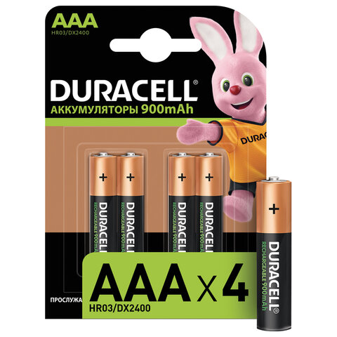 Батарейки аккумуляторные КОМПЛЕКТ 4 шт., DURACELL, AAA (HR03), Ni-Mh, 900mAh, блистер, 81546826