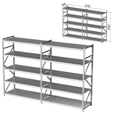 Стеллаж металлический (2 СЕКЦИИ) ПРАКТИК "MS Pro", 2500х3750х800 мм, (КОМПЛЕКТ)