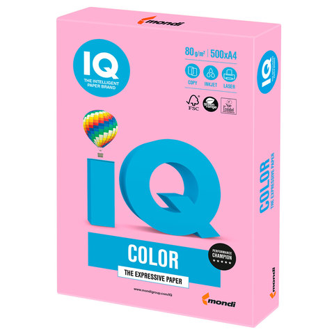 Бумага цветная IQ color, А4, 80 г/м2, 500 л., неон, розовая, NEOPI