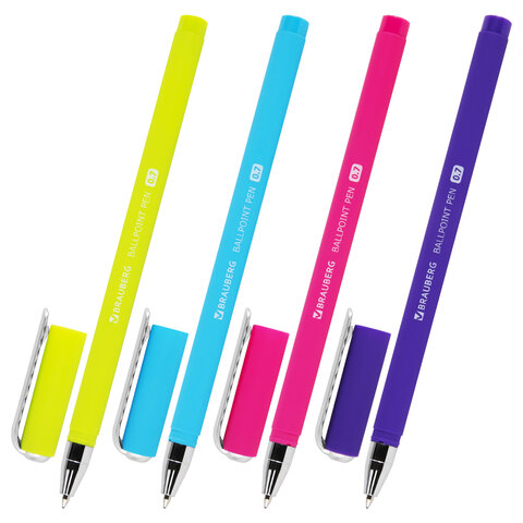 Ручка шариковая BRAUBERG SOFT TOUCH STICK "NEON", СИНЯЯ, мягкое покрытие, корпус ассорти, узел 0,7 мм, 143697