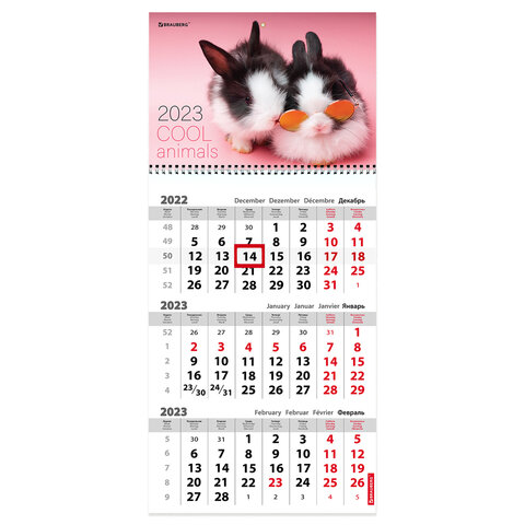 Календарь квартальный 2023 г., 3 блока, 1 гребень, с бегунком, офсет, "COOL BUNNIES", BRAUBERG, 114239