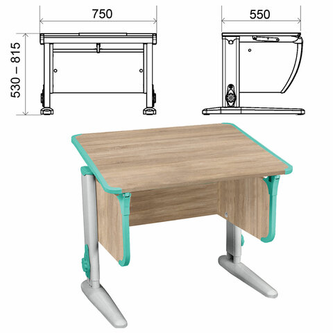 Стол-парта регулируемый "ДЭМИ" СУТ.41, 750х550х530-815 мм, серый каркас, пластик аквамарин, дуб сонома (КОМПЛЕКТ)
