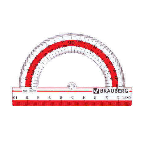 Транспортир 10 см, 180 градусов, пластиковый, BRAUBERG "Crystal", прозрачный, с выделенной шкалой, подвес, 210292