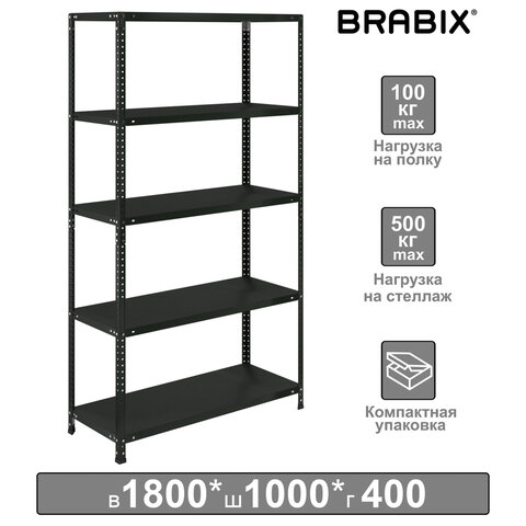 Стеллаж металлический BRABIX "ГРАФИТ MS KD-180/40-5", лофт, 1800х1000х400 мм, 5 полок, 291269, S240BR144593